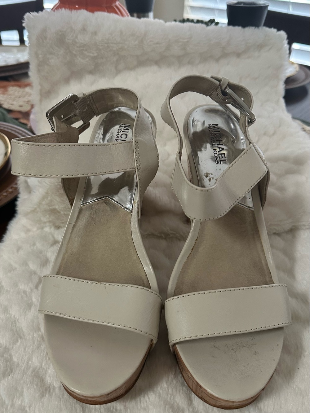 Michael Kors Cream Leather Ankle-Strap Sandals with Block Heel